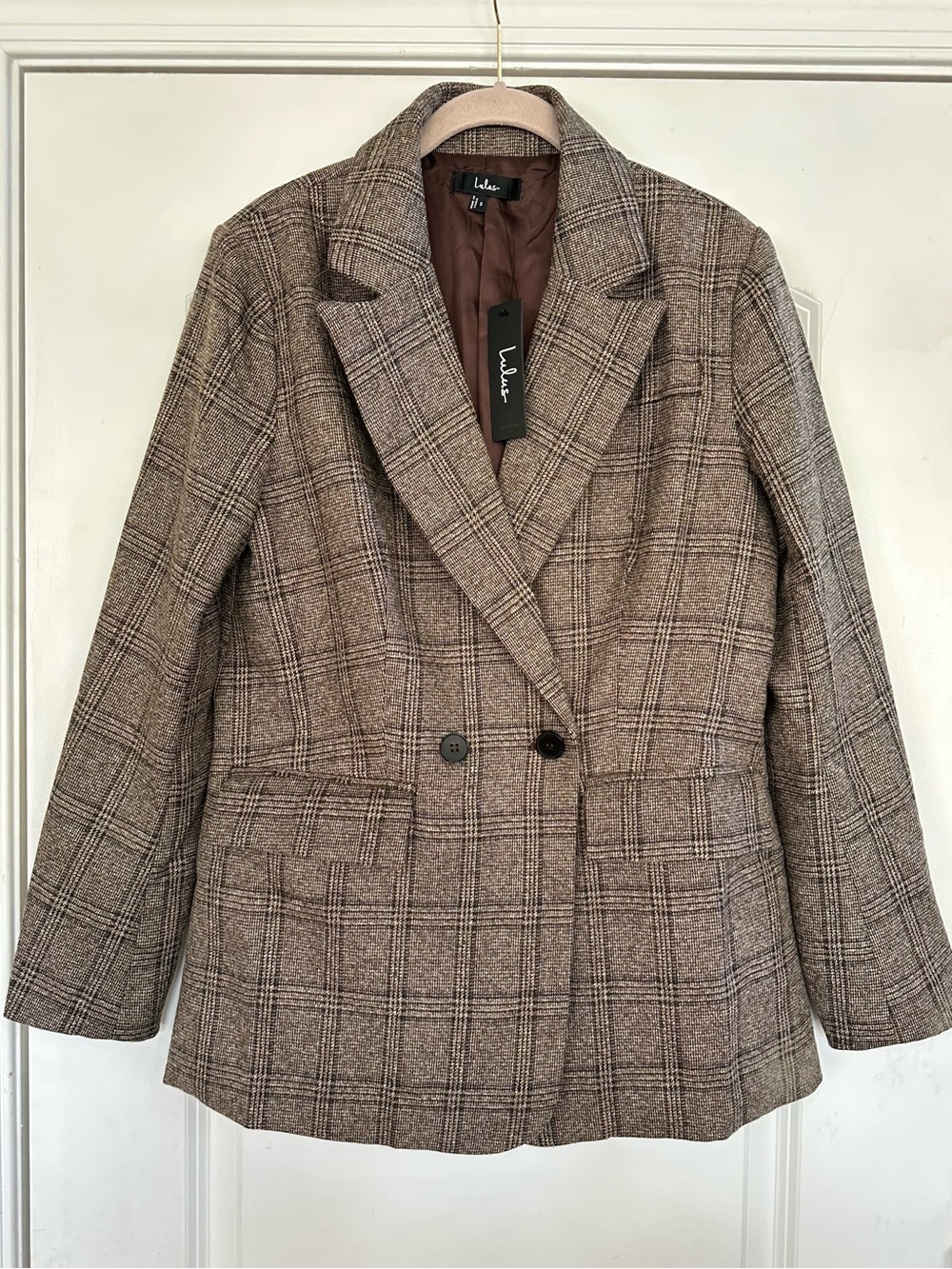 NWT Lulus Brown Gray Taupe Double Breasted Blazer Coat Plaid Womens Small Suit